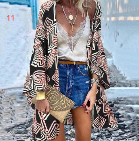 Casual Resort Doll Sleeve Cardigan Print Top Cardigan