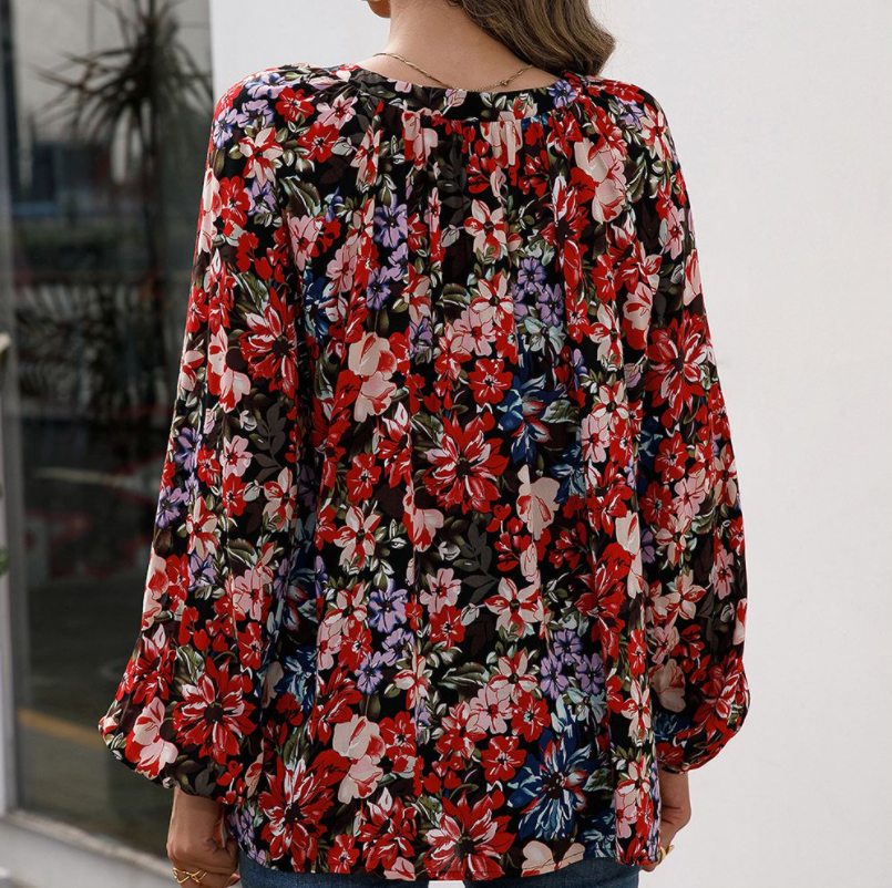 Loose Casual Small Floral Long-sleeved V-neck Shirt