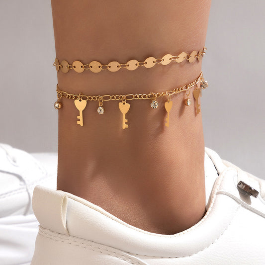 New Jewelry Alloy Double Layer Anklet Love Circle Piece Chain