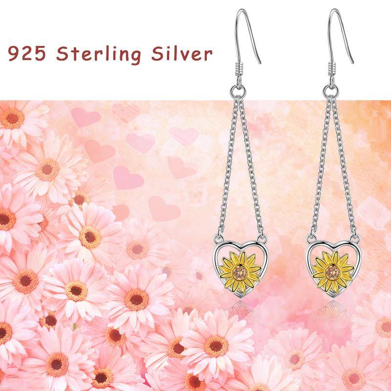 925 Sterling Silver Sunflower Hypoallergenic Heart Dangle Drop Earrings Jewelry For Sensitive Ears