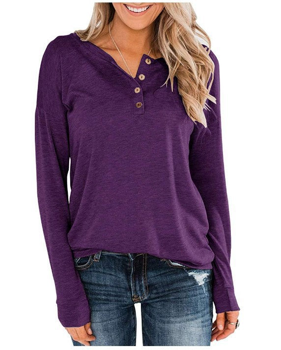 Solid Color Knitted Long Sleeved Round Neck Pullover Button Top T Shirt