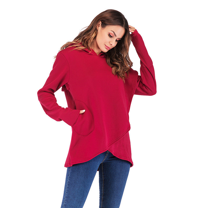 Long-Sleeved Fleece Women's Blouse New Solid Color Irregular Hooded Sweater