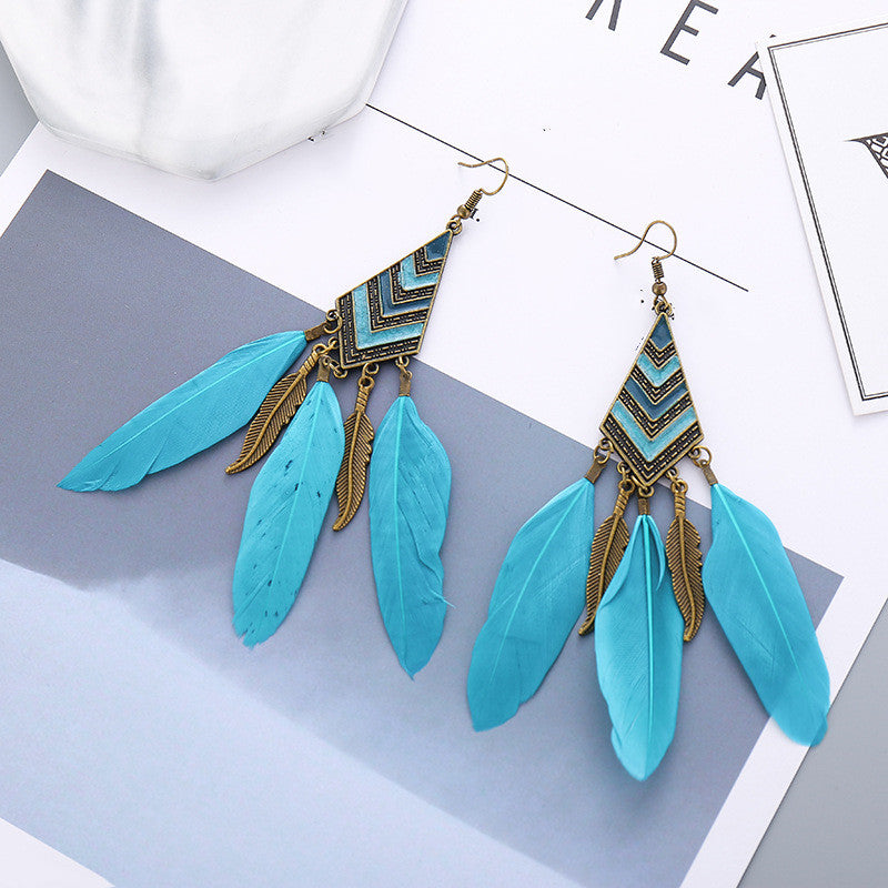 Diamond Leaf Long Tassel Feather Earrings For Female Bohemian Accessori