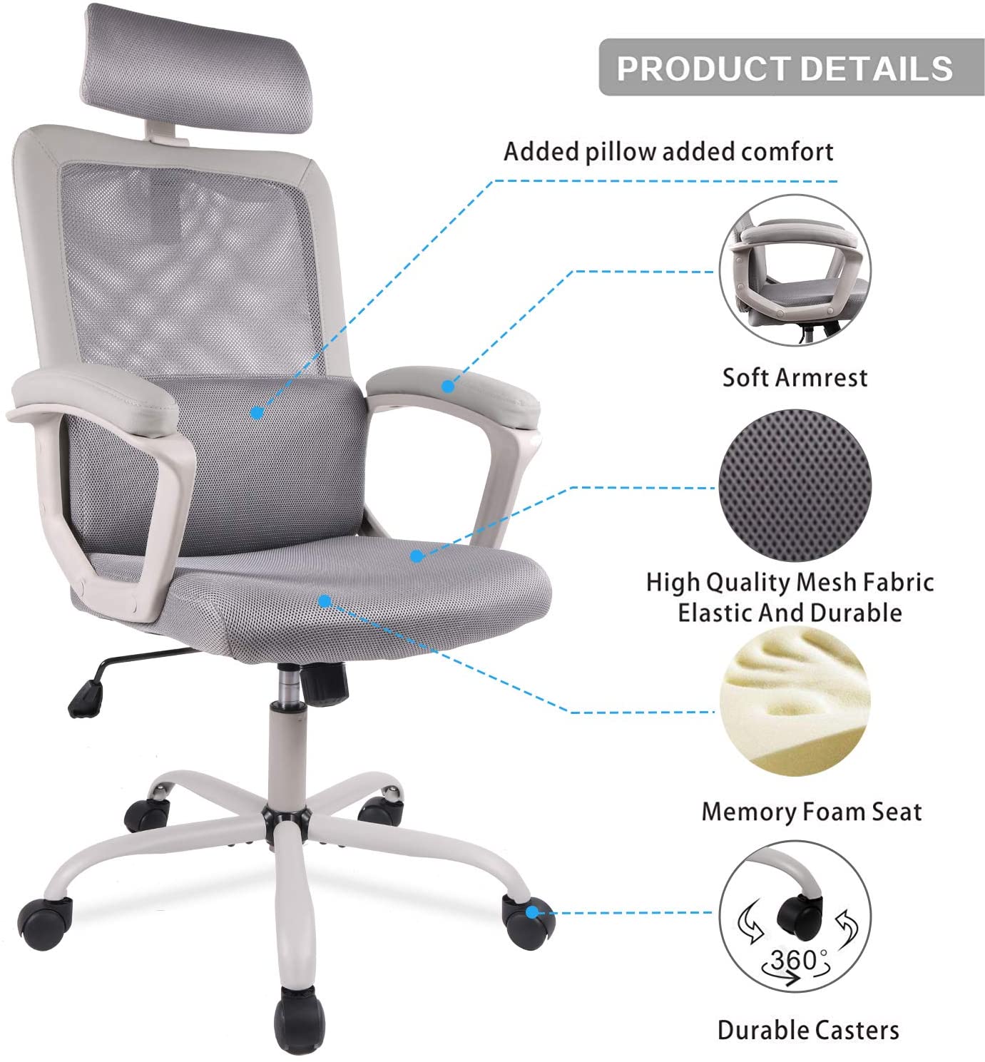 High Back Ergonomic Mesh Desk Office Chair with Padding Armrest and Adjustable Headrest