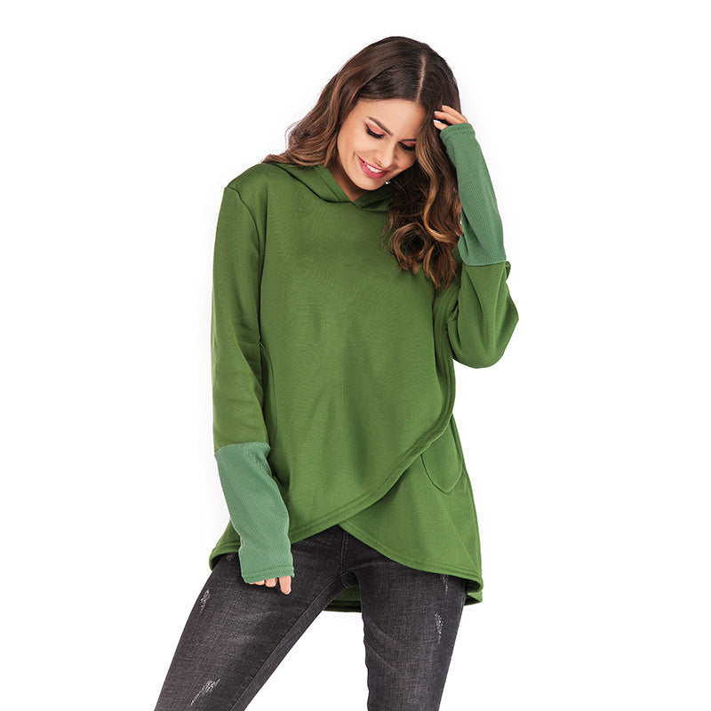 Long-Sleeved Fleece Women's Blouse New Solid Color Irregular Hooded Sweater