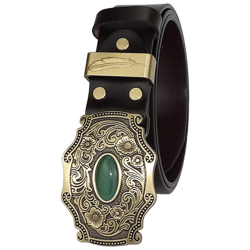 Casual Pure Copper Inlaid Jade Buckle Men's Belt