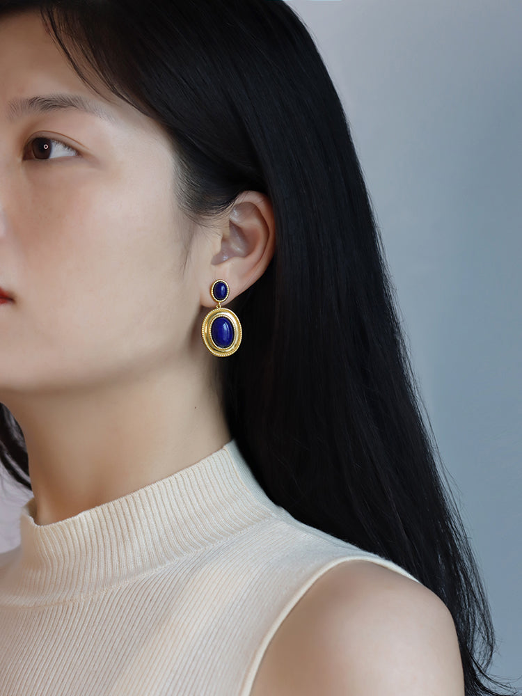 Retro Earrings Hong Kong Style High-end Ins Niche Design Natural Lapis Lazuli