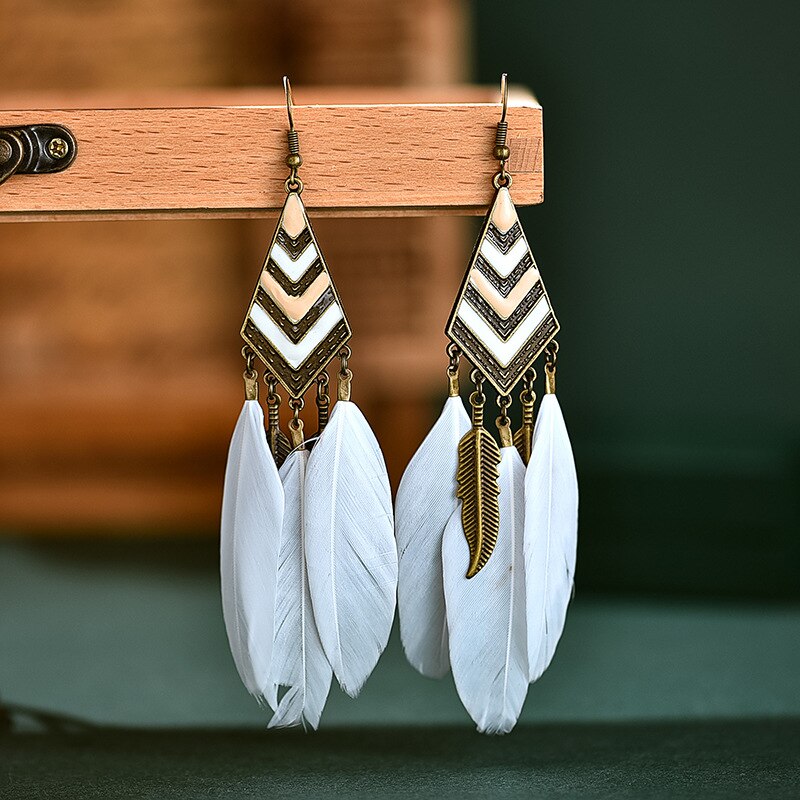 Diamond Leaf Long Tassel Feather Earrings For Female Bohemian Accessori