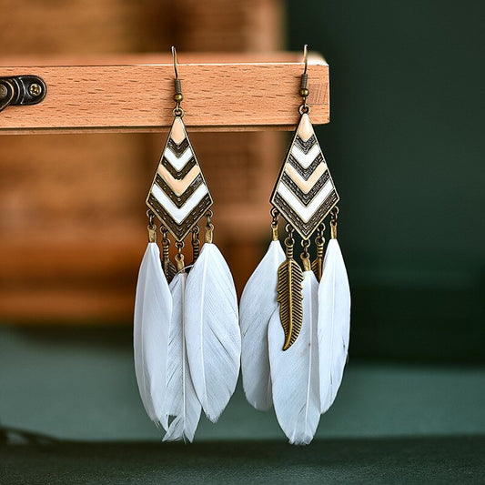 Diamond Leaf Long Tassel Feather Earrings For Female Bohemian Accessori