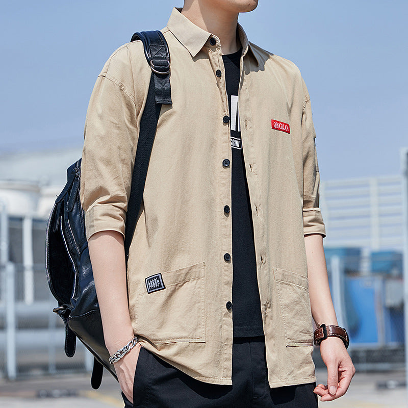 Summer Cotton Workwear Shirt With Three-Quarter Sleeves