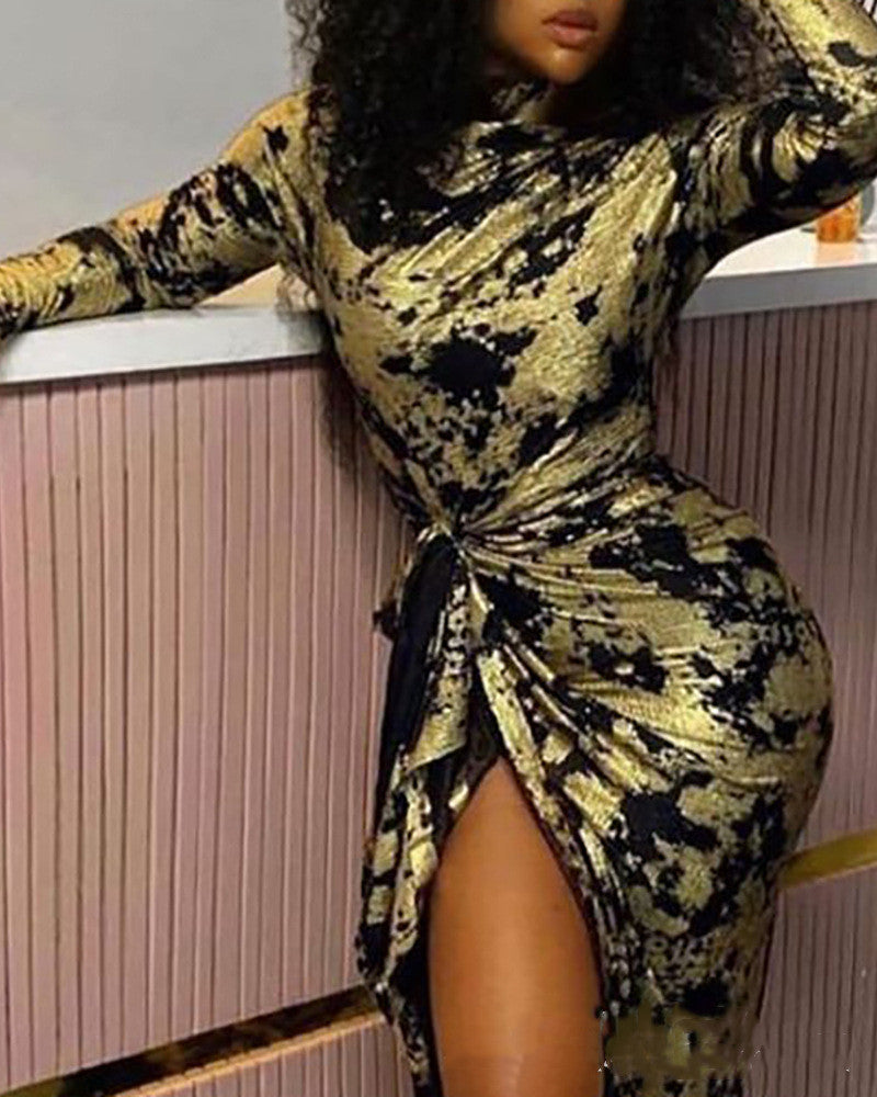 Black Coated Printed Long Sleeve Turtleneck Polyester Slit Dress