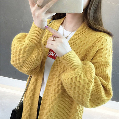 Mid Length Knit Cardigan Women's V-Neck Solid Color