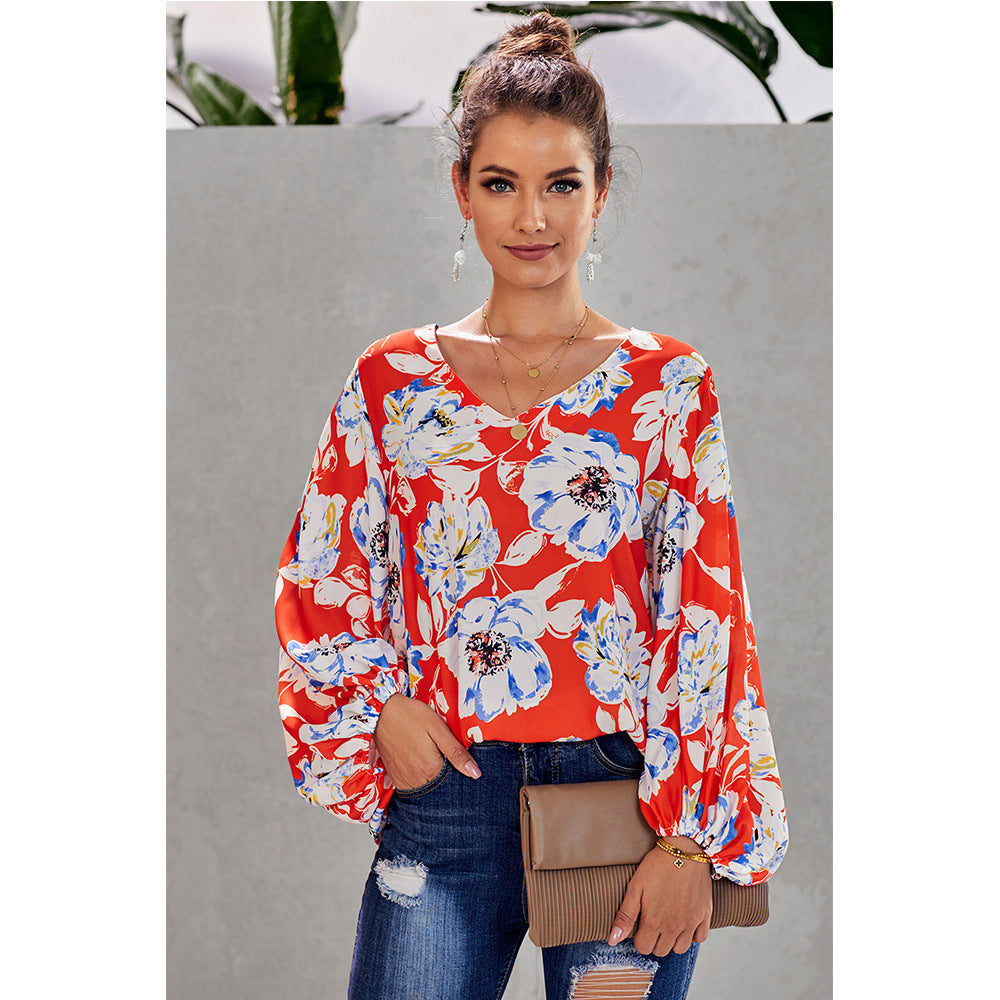 Printed loose v-neck lantern sleeve top