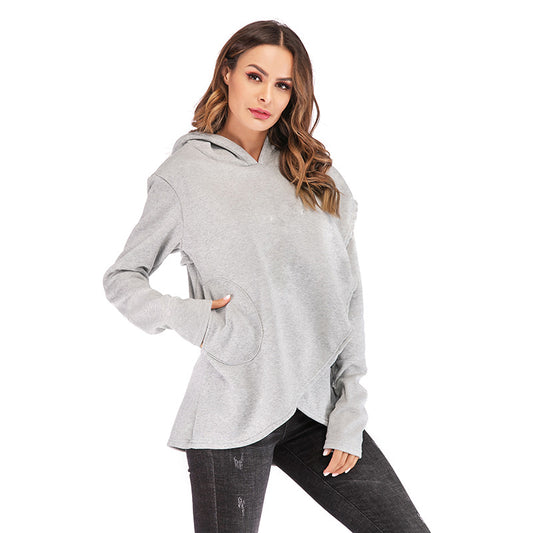 Long-Sleeved Fleece Women's Blouse New Solid Color Irregular Hooded Sweater