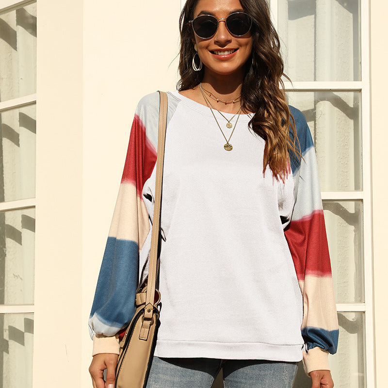 Casual Stitching Pullover Rainbow Long-sleeved Blouse