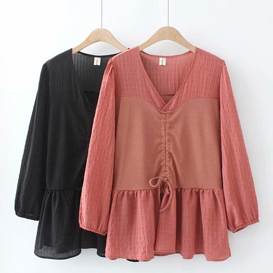 Loose Color Matching Drawstring V-Neck Long-Sleeved T-Shirt Top