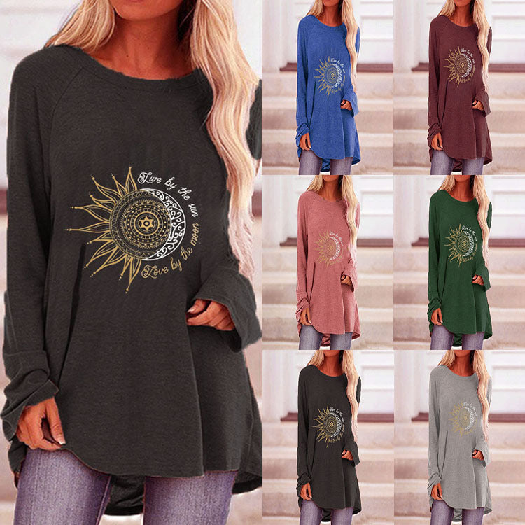 Women's Loose Round Neck Sun Flower Letter Printing Long-Sleeved T-Shirt