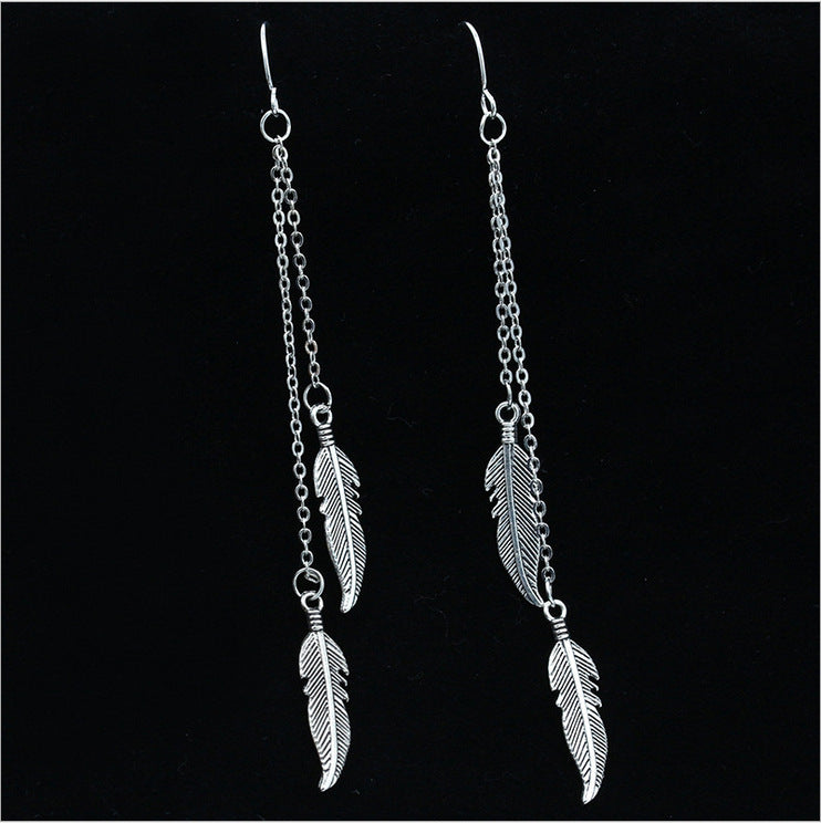 Tassel chain feather stud earrings