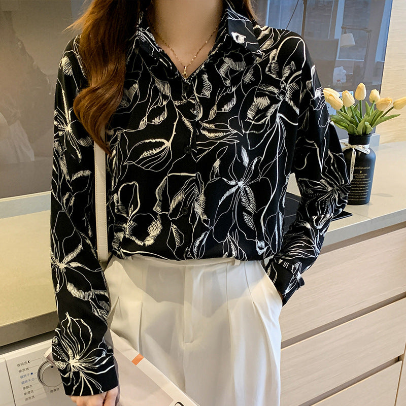 Pattern Print Lapel Drape Long-sleeved Shirt