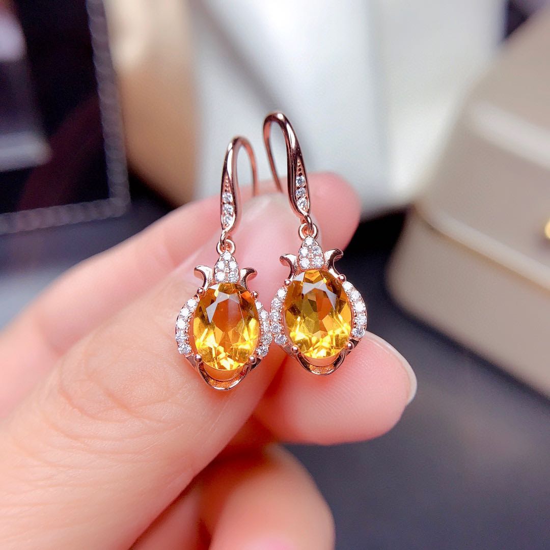 New Style Citrine Earrings Female Crystal Pure Sparkle Sparkling  Silver Inlay