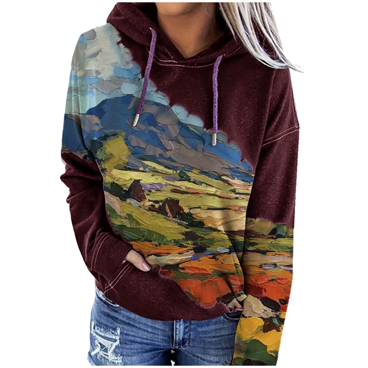 Women's loose peak print hooded long sleeve sweater