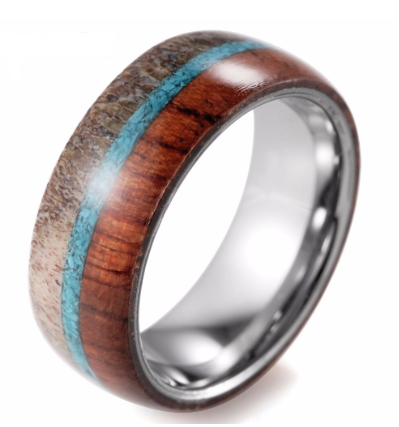 Tungsten ring with wood inlays and wild antlers for 8mm man with dome by SHARDON