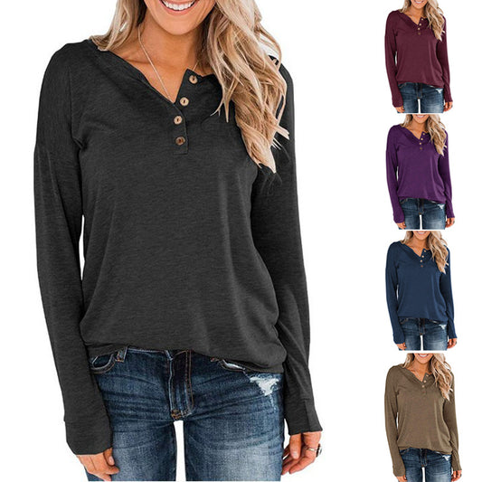 Solid Color Knitted Long Sleeved Round Neck Pullover Button Top T Shirt