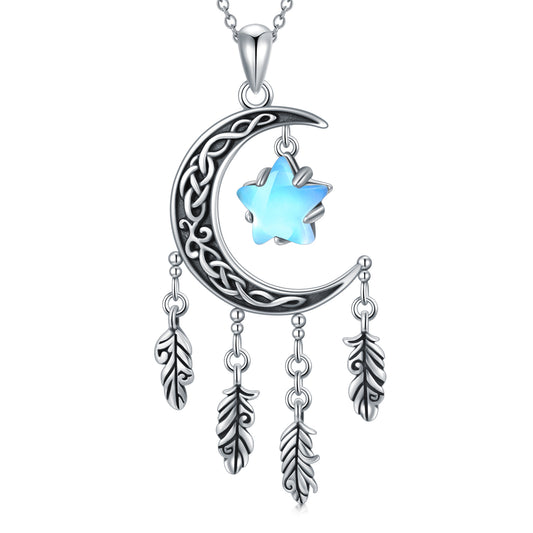 Moon and Stars Sterling Silver Celtic Dream Catcher Necklace for Women