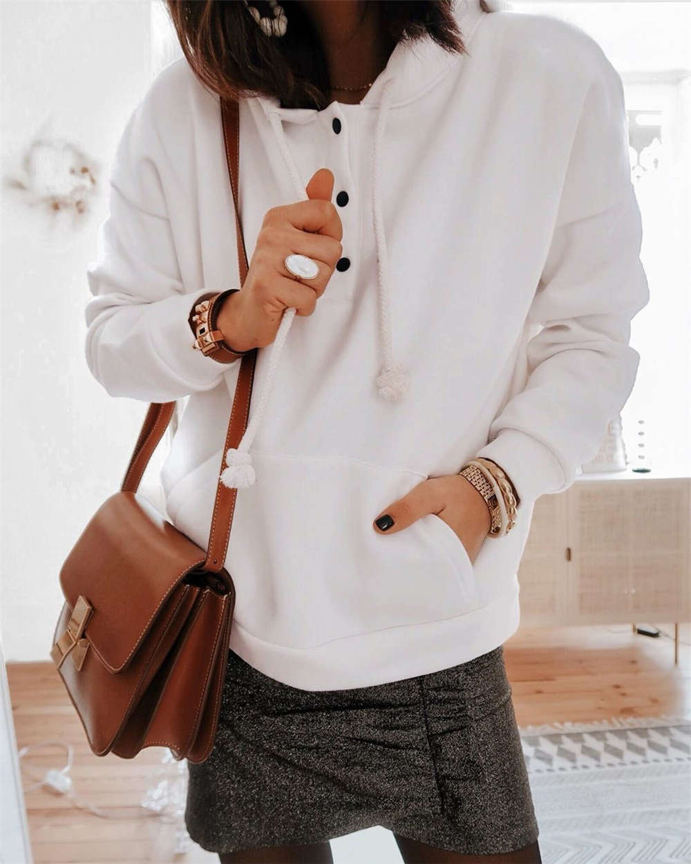 Solid color hooded drawstring button sweater