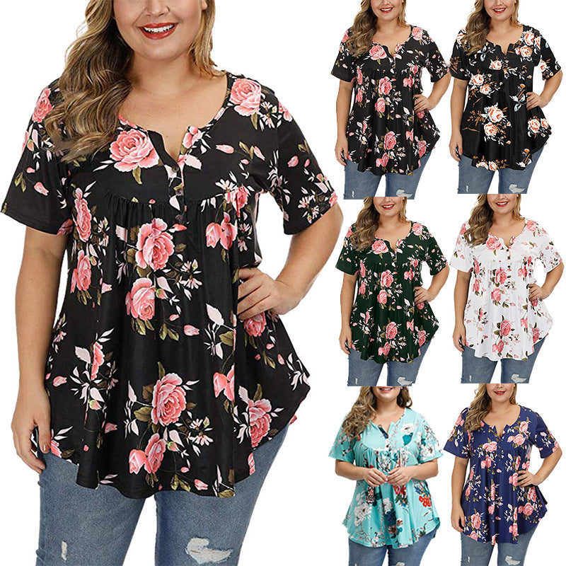 New Ladies V-Neck Button Plus Size Printed Short Sleeve Top