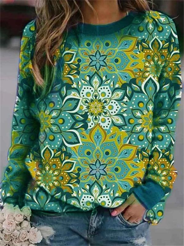 Ladies printed round neck long sleeve pullover sweater