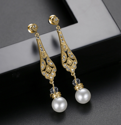 Korean Style Simple Long Pearl Women's Copper Inlaid Zirconium Earrings
