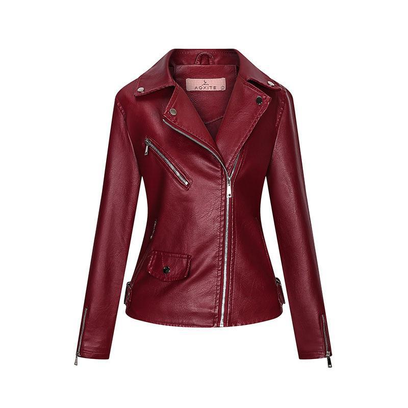 Temperament Women's Jacket PU Lapel Zipper Slim