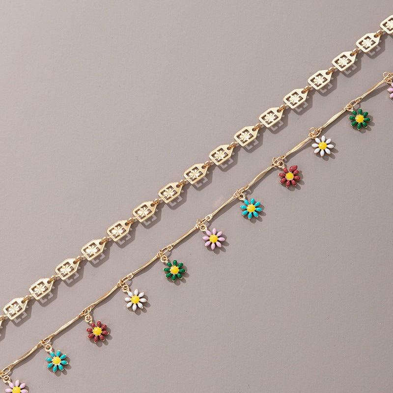 Fashion Anklet Creative Retro Hollow Color Dripping Flower Anklet 2-piece Beach Style Jewelry