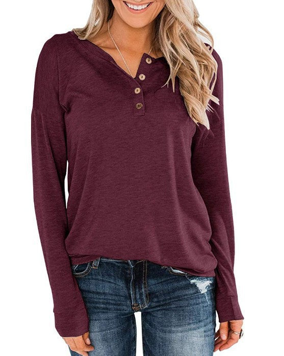 Solid Color Knitted Long Sleeved Round Neck Pullover Button Top T Shirt