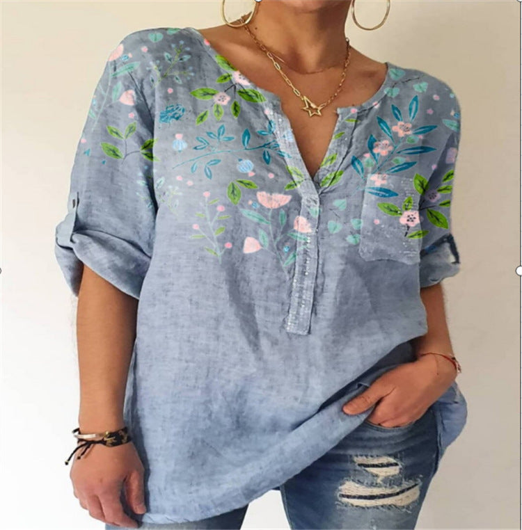 European And American Loose Print V-neck Long-sleeved Shirt