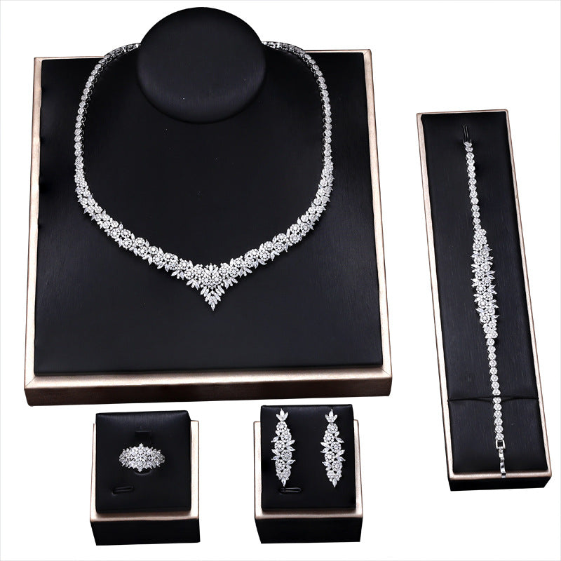 Popular Bridal Copper Zircon Necklace And Earrings Set Of 4