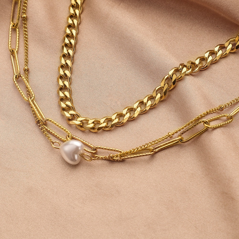 Stainless Steel Gold Three-Layer Chain Diamond Pearl Anklet