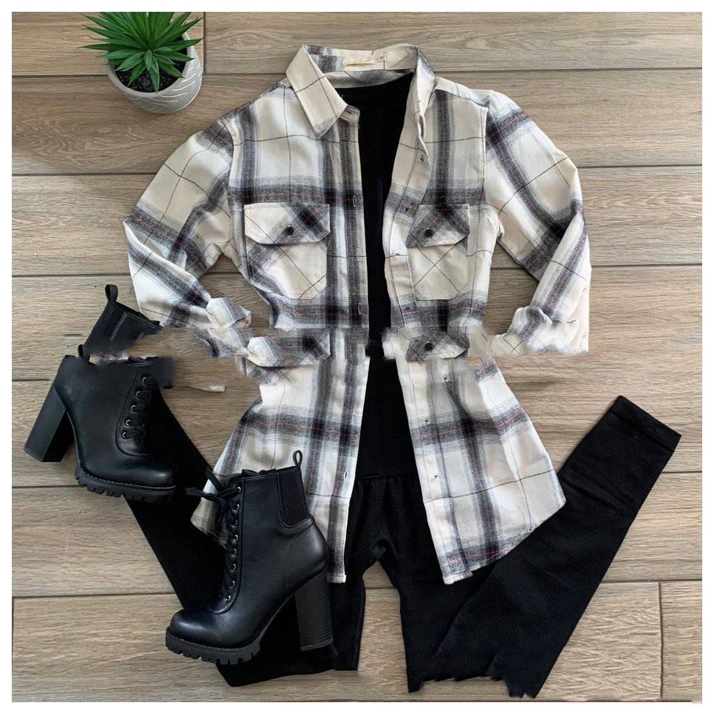 New Women's Fashion Black And White Plaid Long-sleeved Shirt Jacket