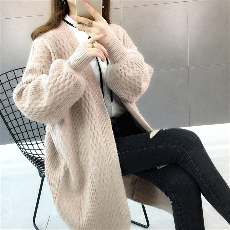 Mid Length Knit Cardigan Women's V-Neck Solid Color