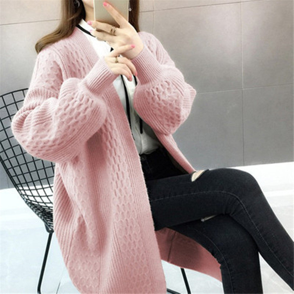 Mid Length Knit Cardigan Women's V-Neck Solid Color