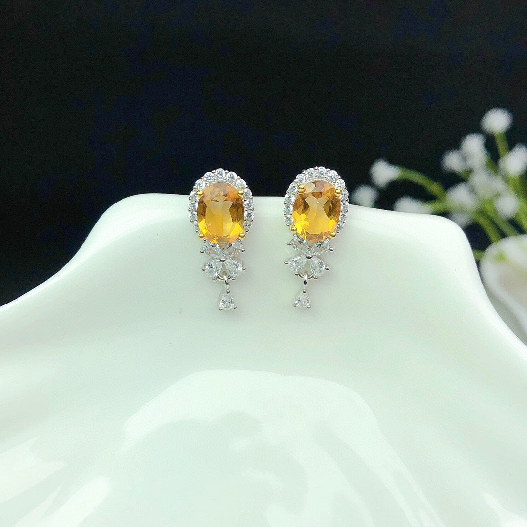 Natural Citrine Stud Earrings Women's Crystals Fully Purified Fire Explosion