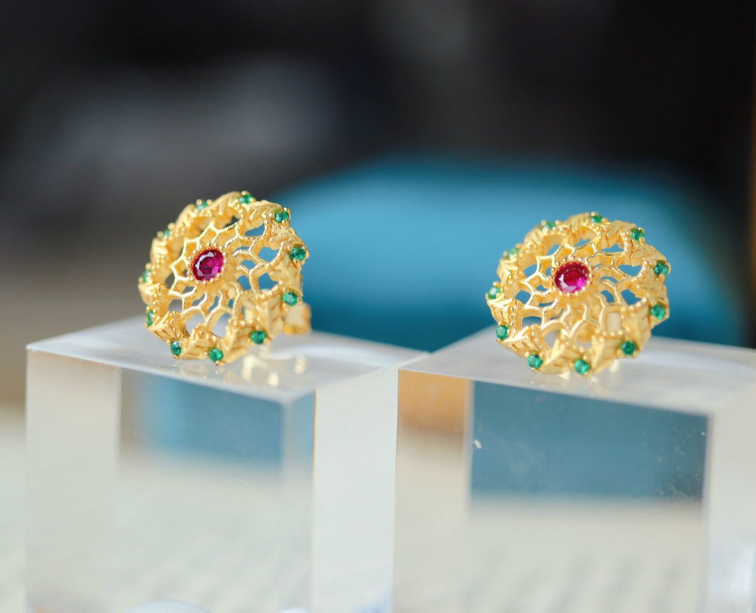 Light Luxury 925 Silver Gold Flower Wheel Earrings