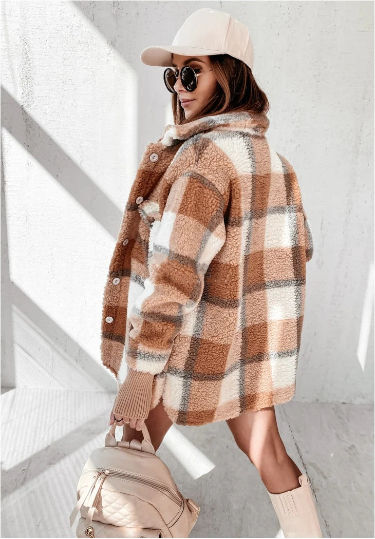 Women's Long-sleeved Suit Collar Double Pocket Plaid Fur Coat