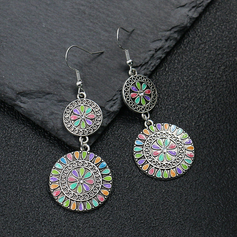 Round Flower Dripping Rhinestone Alloy Earrings