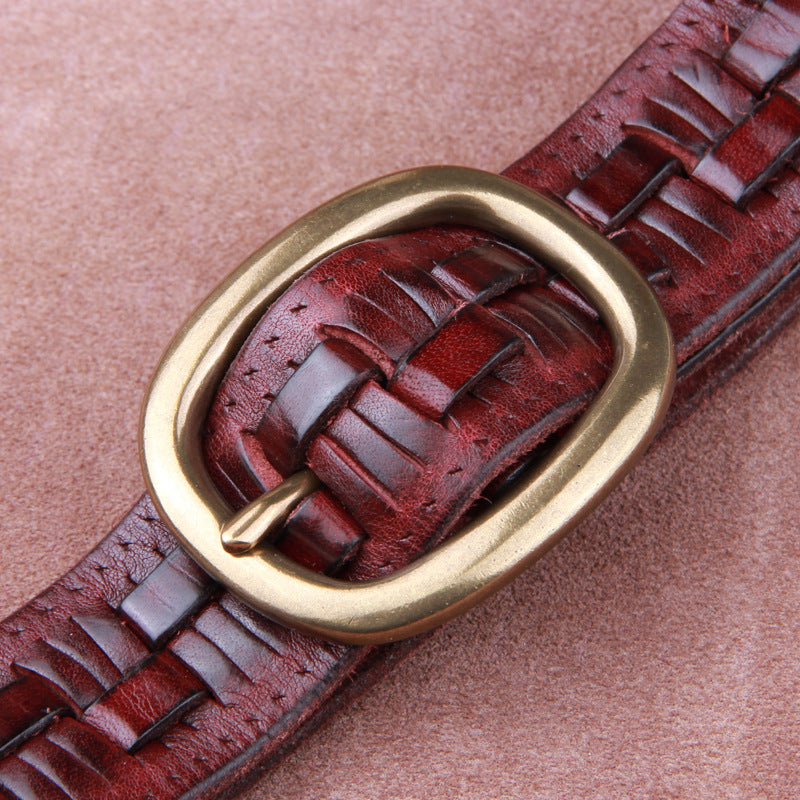 The First Layer Of Pure Cowhide Woven Men's Leather Belt With Copper Buckle