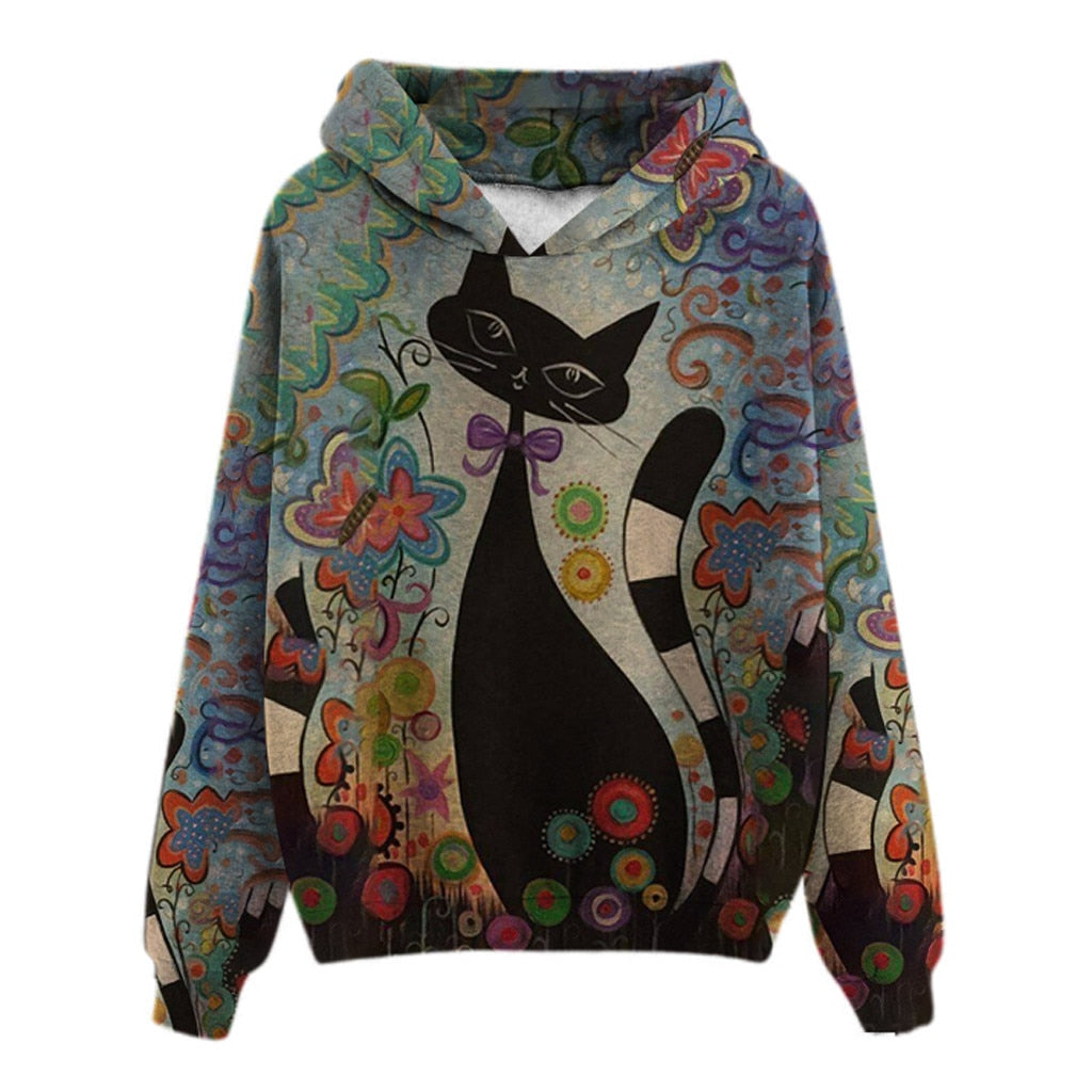 Cat 3D printed casual hooded pullover sweater