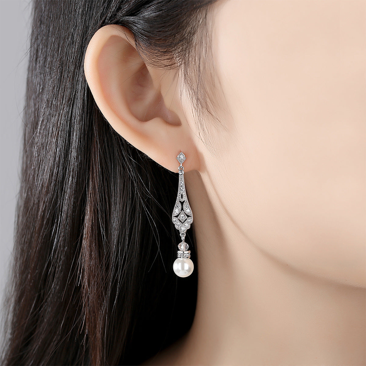 Korean Style Simple Long Pearl Women's Copper Inlaid Zirconium Earrings