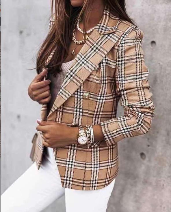 Long-sleeve Double-breasted Plaid Print Suit