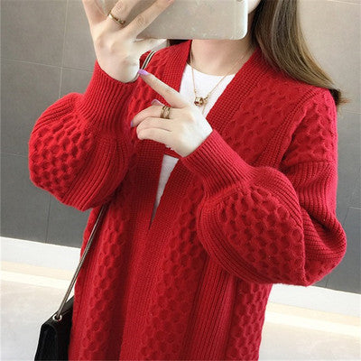 Mid Length Knit Cardigan Women's V-Neck Solid Color